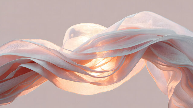 Flying pink silk fabric wave with warm backlight, soft pastel chiffon cloth texture, ethereal dreamy fashion background, elegant abstract flowing veil, for beauty, spa, luxury, romance.