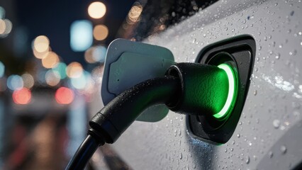 Close-up of a white electric vehicle charging port with a glowing green indicator ring covered in rain droplets against a blurred night city background