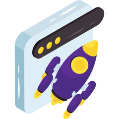 Purple Rocket Launching Through Digital Interface Representing Startup Growth and Technological Advancement on Transparent Background