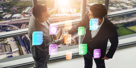 The Web 3.0 decentralization technology ecosystem. A flowchart of interconnected concepts like AI, blockchain, security, and decentralized finance. Motif