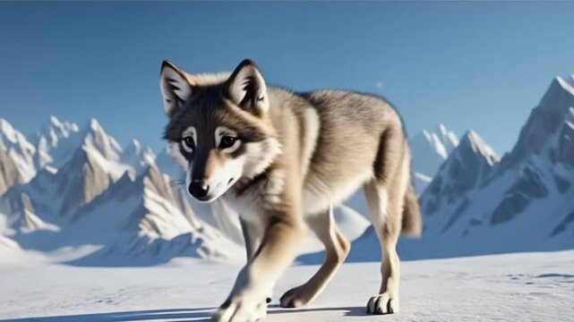 A wolf pup sits in the snow with mountains in the background on a bright and sunny day outdoors wolf video