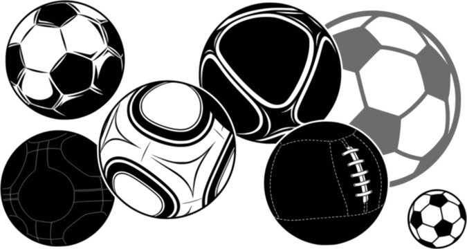 Set of monochrome soccer balls. Football or soccer related. Collection symbol of football
