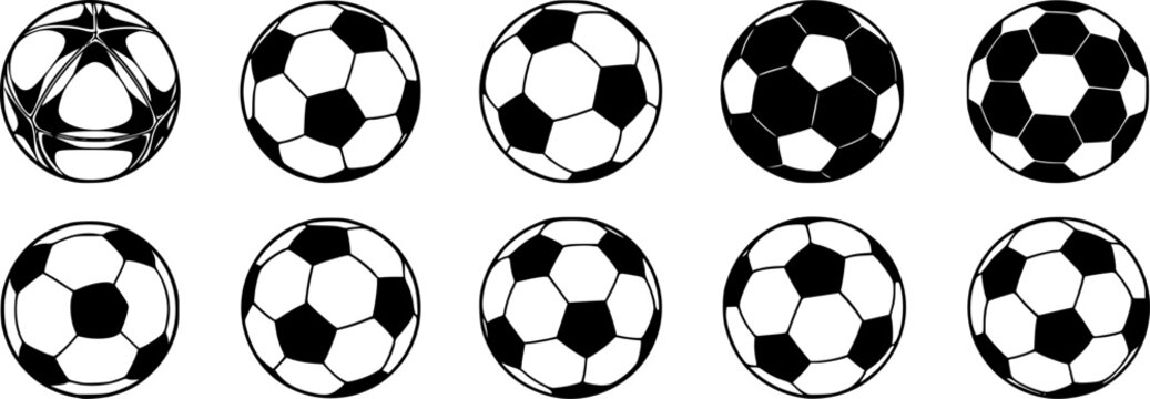 Set of monochrome soccer balls. Football or soccer related. Collection symbol of football
