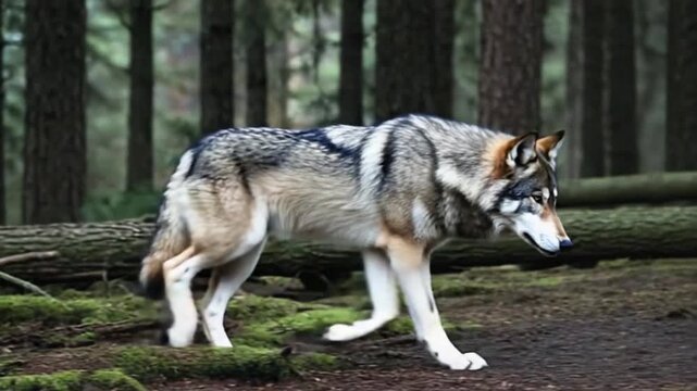A wolf standing in a forest with trees and logs on the ground looking at the camera in nature wolf video