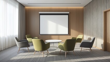 Cozy presentation interior room with blank screen. Conference and presentation concept. 3D Rendering
