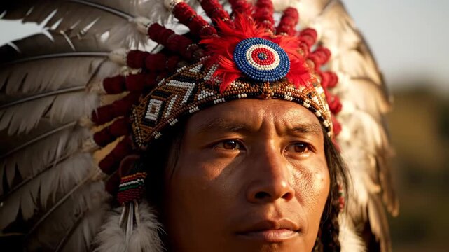 Portrait of native man in traditional headdress looks to distance