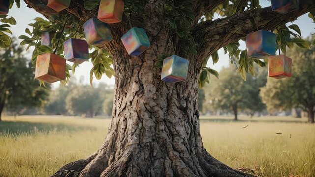 A majestic tree adorned with hanging, colorful, cube-shaped decorations in a field