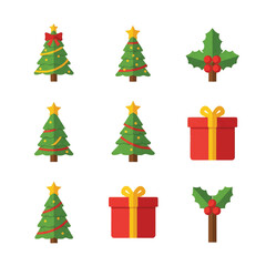 Festive Christmas Icons Trees Holly and Gifts for Holiday Cheer.