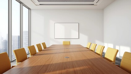 Fototapeta premium Cozy conference interior with brown chairs, mockup tv display on wall. Cozy conference or negotiation space with panoramic window on Bangkok skyscrapers. 3D rendering