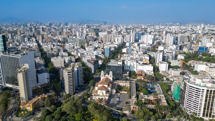 Drone view of the extensive and modern capital city of Lima in the touristic district of Miraflores.