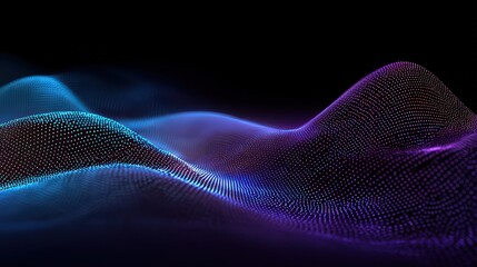 Abstract Wave of Glowing Particles in Blue and Purple on Dark Background Futuristic Digital Landscape with Dynamic Dot Pattern for Science and Technology