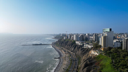 Aerial view of the beautiful Costa Verde from the coastal district of Miraflores, Peru.