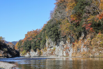 河原の紅葉と秋晴れ
