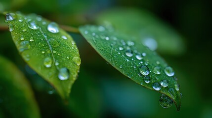 Close Up View of Green Leaves with Water Droplets in Natural Lighting