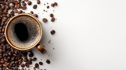 Empty Coffee Cup Surrounded By Coffee Beans On White Background