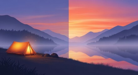 Divided landscape of camping at dusk and dawn reflecting on calm lake