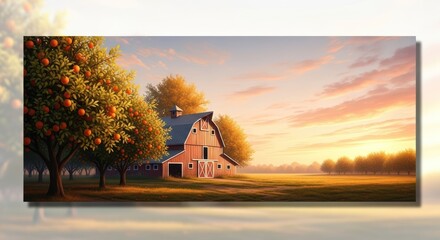 Dreamy countryside vista of an orchard barn at sunset picturesque painting