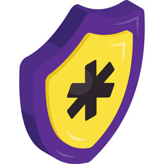 Purple Shield with Yellow Center and Black Star Symbol Isolated on White Background Minimalist Icon Representing Security Safety and Protection