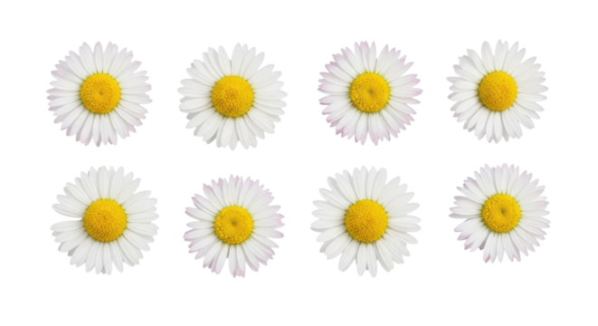 Eight white daisies with yellow centers are arranged in two rows on transparent background, showcasing their delicate petals and vibrant centers