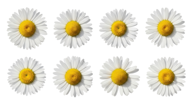 Eight white daisies with bright yellow centers are arranged in two rows against transparency background, showcasing their delicate petals and vibrant colors - Powered by Adobe