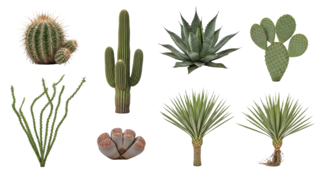 Cactus plants with various shapes and textures, including round, tall, and spiky forms, are displayed transparency background. These diverse succulents showcase unique adaptations for arid