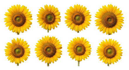 Eight vibrant sunflowers with bright yellow petals and green stems are arranged two rows, creating cheerful and symmetrical display. flowers centers are rich brown, adding contrast to vivid petals