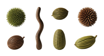 Unique and diverse seed pods and plant elements are displayed against transparency background, showcasing various textures and shapes. arrangement highlights natural beauty and botanical diversity