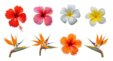 Vibrant tropical flowers including hibiscus and plumeria create colorful and exotic display. bright petals and unique shapes evoke sense of paradise and natural beauty