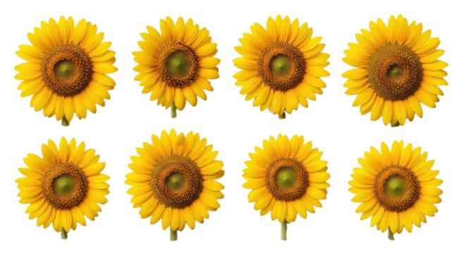 Eight vibrant sunflowers with bright yellow petals and green stems are arranged two rows, creating cheerful and symmetrical display. flowers centers are rich brown, adding contrast to vivid petals