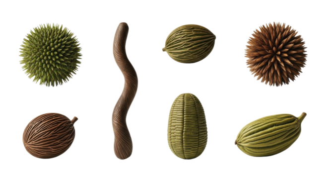 Unique and diverse seed pods and plant elements are displayed against transparency background, showcasing various textures and shapes. arrangement highlights natural beauty and botanical diversity