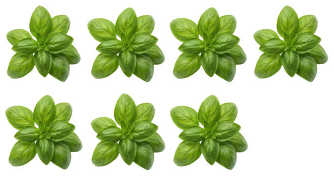 Image shows pattern of fresh green basil leaves arranged symmetrical layout, creating vibrant and natural design. leaves are bright and healthy, showcasing their lush texture.fresh green basil