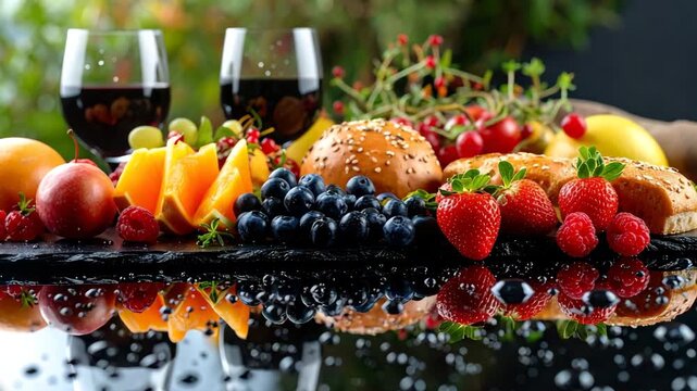 Gastronomic Delight: A vibrant arrangement of fresh fruits, berries, bread and glasses with red liquid forms a visually stunning, tempting still life. A celebration of taste and color.