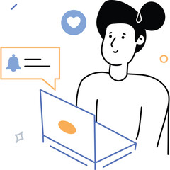 Modern Digital Illustration of a Young Person Interacting with a Laptop Computer Displaying Notification Icons Against a Clean White Background