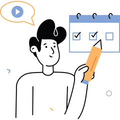 Man with Pencil Planning Schedule on Calendar with Play Button Icon and Transparent Background