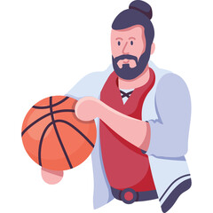 Man With Beard And Bun Holding Basketball Wearing White Lab Coat Over Red Vest And Dark Pants Full Body Shot Transparent Background