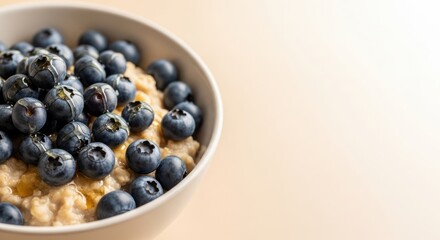 Healthy breakfast bowl: oatmeal porridge with fresh blueberries and natural honey
