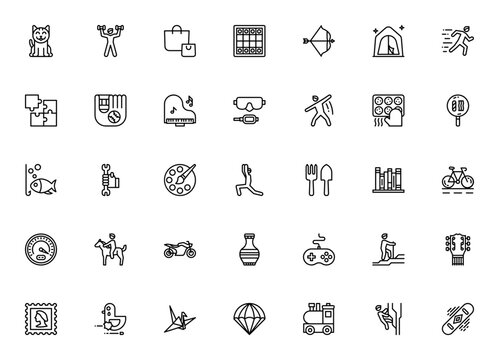 Hobbies icon set. Vector illustration. Minimal linea icons pack. Includes symbls for cat, piano, yoga, cmping, chess, fishing, garening, books, sports and mre.