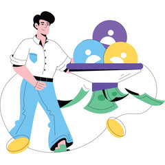 Man Carrying Tray With Profile Icons Money Falling Business Concept Financial Management Team Building And Human Resources