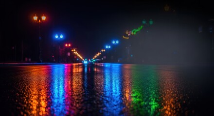 Reflections of City Lights on a Wet Street at Night: Abstract Urban Scene