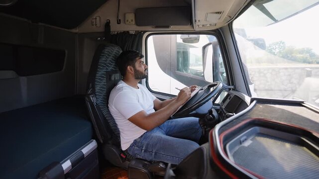 Professional Indian truck driver filling out logbook