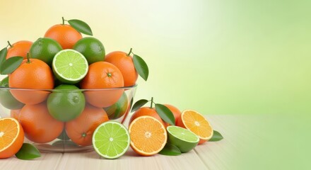Fresh Citrus Medley: Vibrant Oranges and Limes Overflowing from a Glass Bowl