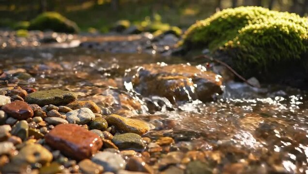 Refreshing stream water flowing over colorful pebbles and moss-covered rocks in a peaceful woodland setting.