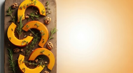 Autumnal Still Life: Slices of Pumpkin with Herbs and Walnuts on Rustic Wood