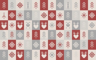 Clean Scandinavian seamless Christmas pattern with geometric trees, stars, hearts, snowflakes, and reindeer in a modern red, white, and gray palette. 4K, 16:9, JPG.