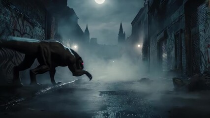 Creepy Creature Stalks Dark Alley Under Full Moon, Horror Scene