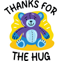Purple Teddy Bear With Blue Accents Sits On A Yellow Oval Shape With Light Rays Behind It And The Words Thanks For The Hug Above And Below