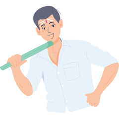 Man in white collared shirt holding a light green sugarcane stalk with a white and red tikka on his forehead and dark hair against a white background in a flat illustration style