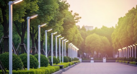 Pathway Illumination: Modern Street Lights Enhancing Urban Landscape with Greenery
