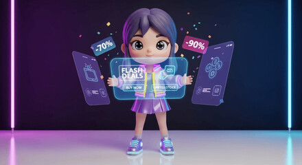 Get incredible deals now! Cartoon girl promoting flash sale with limited stock and huge discounts on phones and devices, online shopping concept