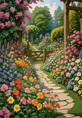 Colorful flower garden with stone pathway